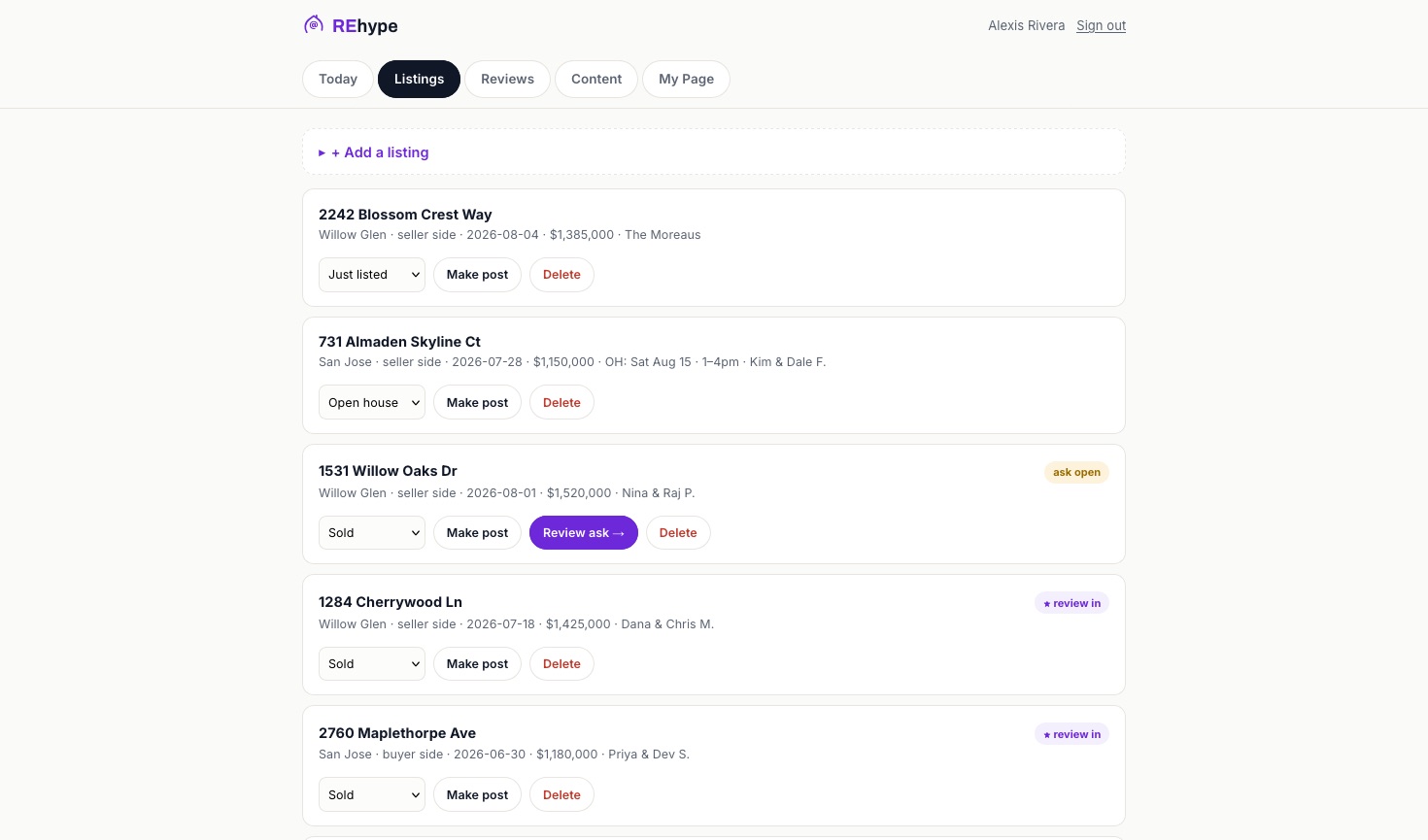 The Closings tab: add a closing and see each one's review status